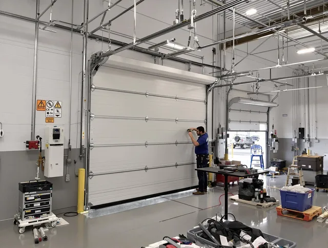 Commercial garage door repair being performed by Plymouth Garage Door Repair expert in Plymouth