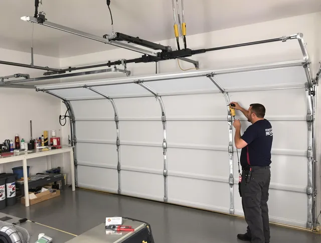 Plymouth Garage Door Repair certified technician performing overhead door system repair in Plymouth