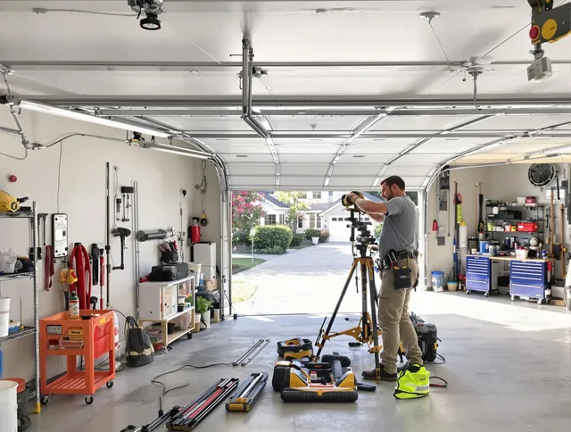 Plymouth Garage Door Repair specialist performing laser-guided track alignment in Plymouth